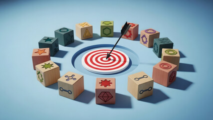 Target Goal Strategy Success Business Wooden Cubes Blue Background Copy Space