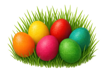 Obraz premium Colorful easter eggs sitting in vibrant green grass, celebrating spring holidays and traditions with a transparent background