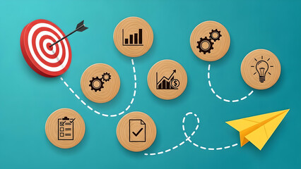 Business Strategy Goal Setting Success Target Arrow Paper Plane Teal Copy Space