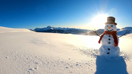 Snowman on a snowy mountain landscape under a blue sky