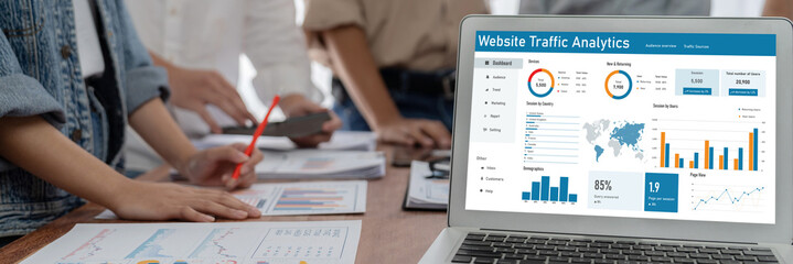 Computer software for website traffic analytics data on computer screen. Concept of SEO search engine optimization and customer targeting for online business brisk