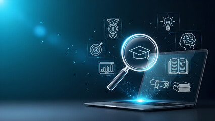 Online Education Digital Learning Icons Laptop Blue Copy Space