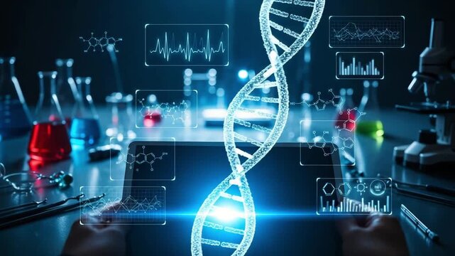 Dynamic holographic DNA helix display with scientific data visualizations in advanced research laboratory