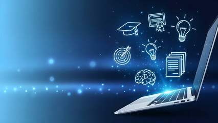 Online Education E-Learning Digital Knowledge Blue Background Copy Space