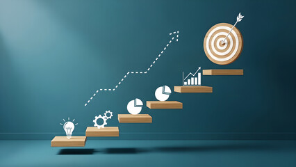 Business Strategy Goals Steps Progress Target Idea Teal Blue
