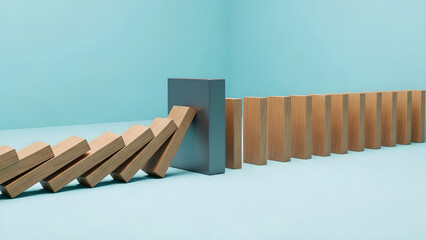 Dominoes Chain Reaction Stopped Business Concept Blue Copy Space
