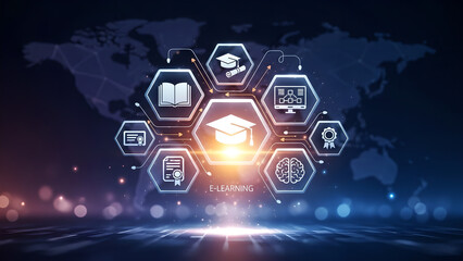 E-Learning Global Online Education Digital Knowledge Blue Background Copy Space