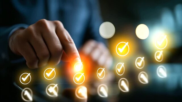 Faceless hand selecting digital approval check mark defocused checklist background document icons visible business process interface workflow management system authorization