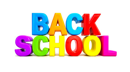 A colorful 3D rendering of the word back to school with each letter in a different color