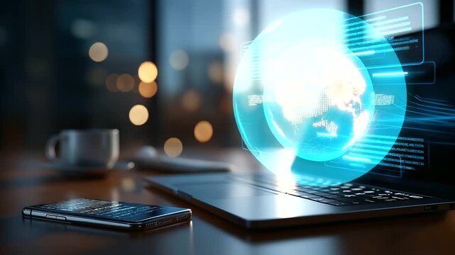 AI translation technology with multilingual communication interface faceless smartphone and laptop setup defocused language learning background global business connectivity art