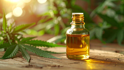 Glass bottle with golden cannabis oil on wooden surface, fresh marijuana leaves, organic product