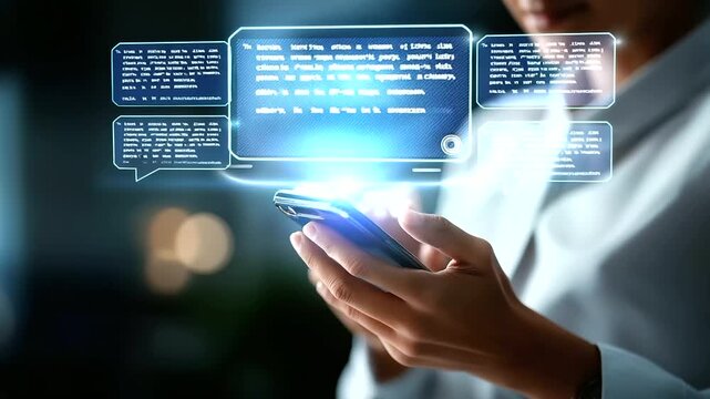 Faceless person interacting with AI assistant chatbot on smartphone defocused digital interface background code screen visible artificial intelligence conversation virtual assi