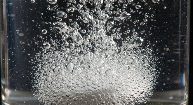Bubbles rising from a dissolving effervescent tablet.
A high-speed macro shot of white bubbles and fizzing action in a glass of clear water against a dark background