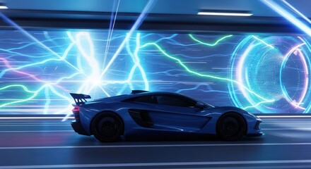 Futuristic blue sports car speeds through a neon lightning tunnel with glowing portals