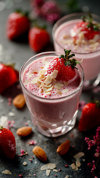 A close-up of a glass of strawberry milkshake with a strawbery on top surrounded by straw berries and almonds