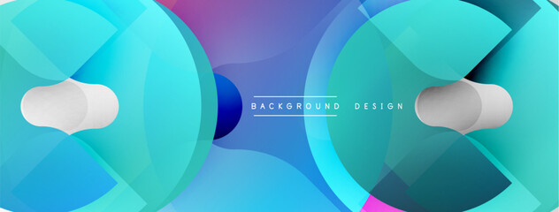 Abstract fluid shapes overlap, creating dynamic gradient effect. Blue, purple, turquoise hues dominate composition. Modern design element.