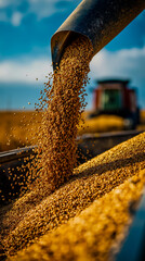 A close-up of a pipe pouring golden grains into a bin