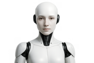 Female humanoid robot portrait with smart ai technology. Artificial intelligence concept on a transparent background