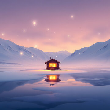 AI Surreal Northern New Year Landscape. A surreal AI-generated winter polar valley with glowing geometric shapes, northern lights reflecting on ice, and a warm wooden cabin.
