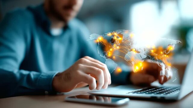 AI translation technology with multilingual communication interface faceless smartphone and laptop setup defocused language learning background global business connectivity art