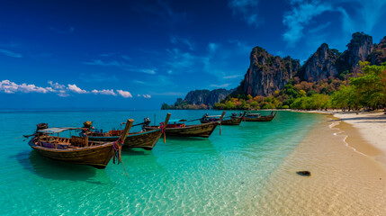 A serene beach scene with several boats anchored in the turquoise water with a mountainous backdrop and a sandy shore