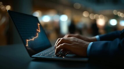 Faceless businessman's hands on laptop with rising ecommerce sales chart defocused shopping cart icons background monthly revenue growth visualization digital business analytics - Powered by Adobe