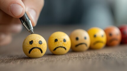 Clients provide feedback on service quality by rating their experiences with different smiley faces on wooden balls for a customer satisfaction survey