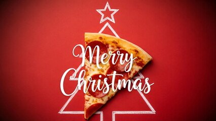 Slice of pepperoni pizza and merry Christmas text on red background with chalk drawn Christmas tree, holiday food celebration concept