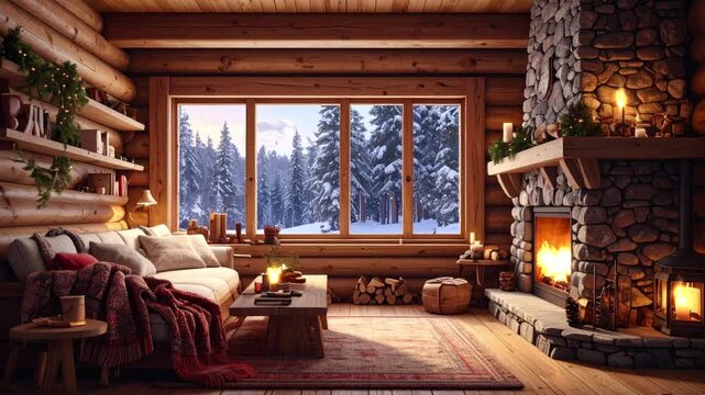 Lo Fi Background of a Cozy Wooden Christmas House with Facade, Fireplace and Snow. Generative AI
