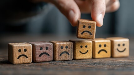 Clients provide feedback on service quality by rating their experiences with different smiley faces on wooden balls for a customer satisfaction survey