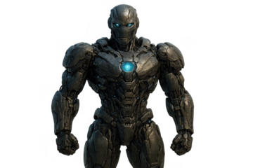 Powerful combat android standing in armored metallic body, embodying ai, robotics, and evolution, with transparent background