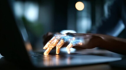 Faceless hand using laptop with AI interface and code defocused virtual programming screen background generative AI development prompt engineering interface artificial - Powered by Adobe