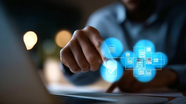 Faceless hand selecting digital approval check mark defocused checklist background document icons visible business process interface workflow management system authorization