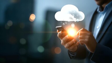 Faceless businessman using smartphone with digital transformation icons defocused cloud computing background data analytics visualization global technology network innovation - Powered by Adobe