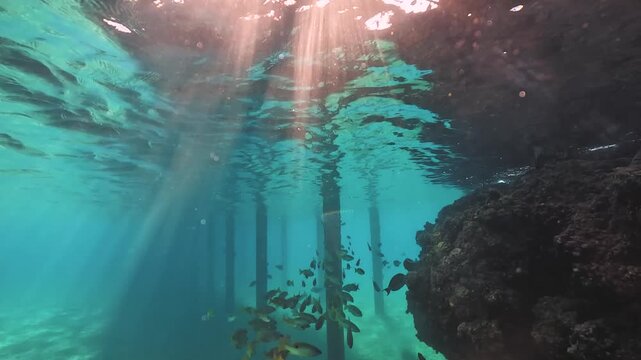 Snorkeling near house reef pier pylons, sun beams light group of dory snapper fish near corals and rocks