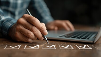 Businessman takes online survey on laptop while answering questions to assess performance and gather feedback for analysis