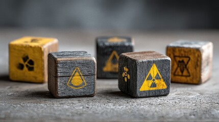 Caution symbols on wooden blocks represent workplace safety and hazard awareness for employee protection against accidents and danger at work