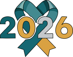 Modern graphic illustration of the year 2026 beautifully integrated with a decorative ribbon in teal and golden colors perfect for upcoming events and celebrations