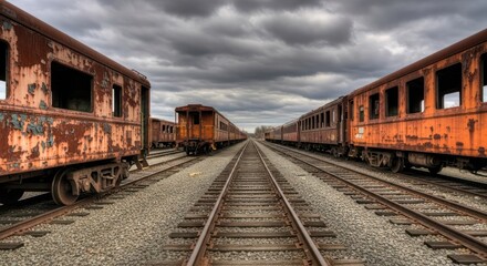 Fototapeta premium abandoned vintage train carriages decaying on rusty railway tracks under dramatic cloudy skies