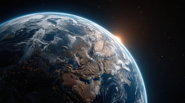 Aerial view of sunrise over Earth from space with illuminated city lights, cloud formations and curved horizon creating dramatic glowing atmosphere