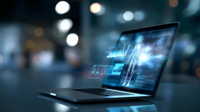 Artificial intelligence analytics concept with chatbot assistant faceless laptop screen defocused data visualization background digital dashboard display AI technology