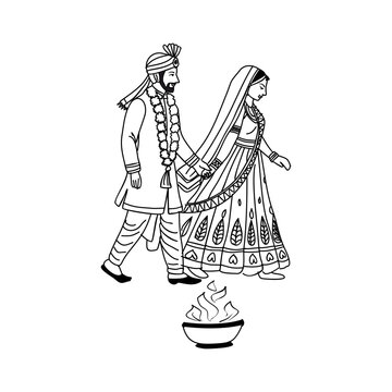 Indian Marriage Ritual Saat Phere Line Art Design