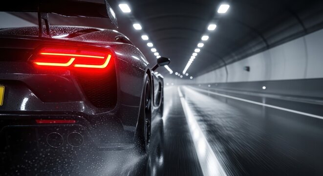 Dynamic motion capture of a sleek sports car accelerating through a brightly lit tunnel