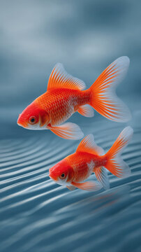 Two orange goldfish swim gracefully above gentle rippled water, elegant fins flowing and soft light creating serene, minimal aquatic scene