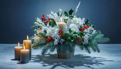 Winter floral composition with candles and natural materials.