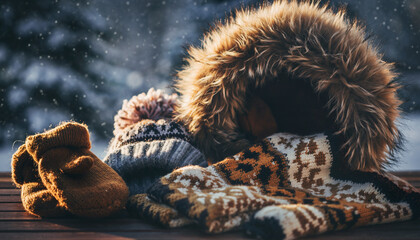 Warm mittens and Norwegian-patterned scarf with pom-pom hat.