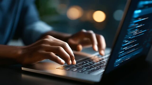 Faceless hands typing on laptop with AI agents working on data automation defocused command prompts on screen background artificial intelligence interface machine learning