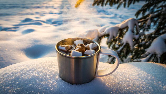 Thermocup with cocoa and marshmallows in a snowy landscape. - Powered by Adobe