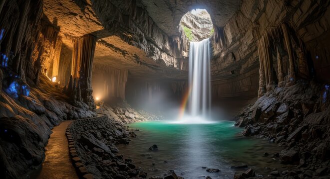 Majestic subterranean waterfall illuminated by ethereal light casting a rainbow over tranquil waters - Powered by Adobe