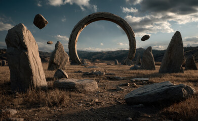 Fototapeta premium Mysterious ancient stone ring stands in windswept plain with levitating rocks, rugged monoliths, dry grass and dramatic cloudy sky creating cinematic mystic atmosphere
